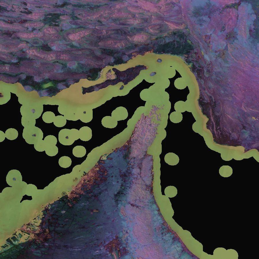 Satellite embedding field over Hormuz, 2023; hover highlights the strongest changes since 2022