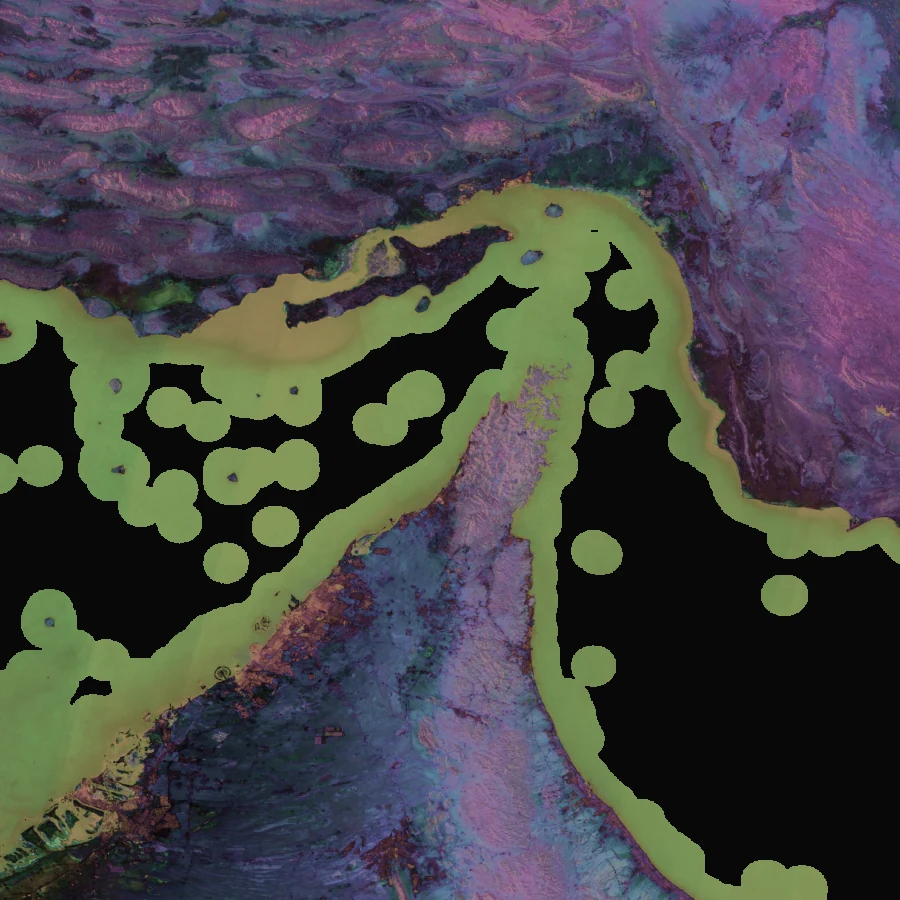 Satellite embedding field over Hormuz, 2024; hover highlights the strongest changes since 2023