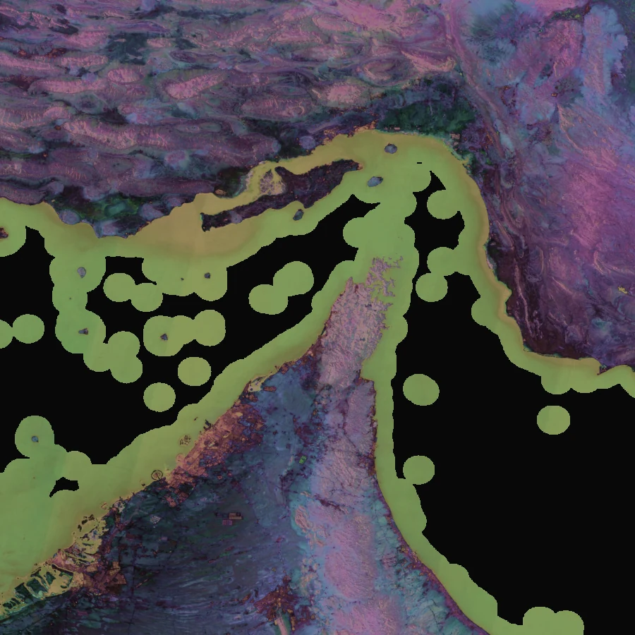 Satellite embedding field over Hormuz, 2025; hover highlights the strongest changes since 2024